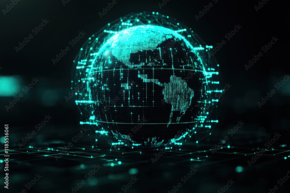 Obraz premium Digital globe with glowing network connections and data visualization.