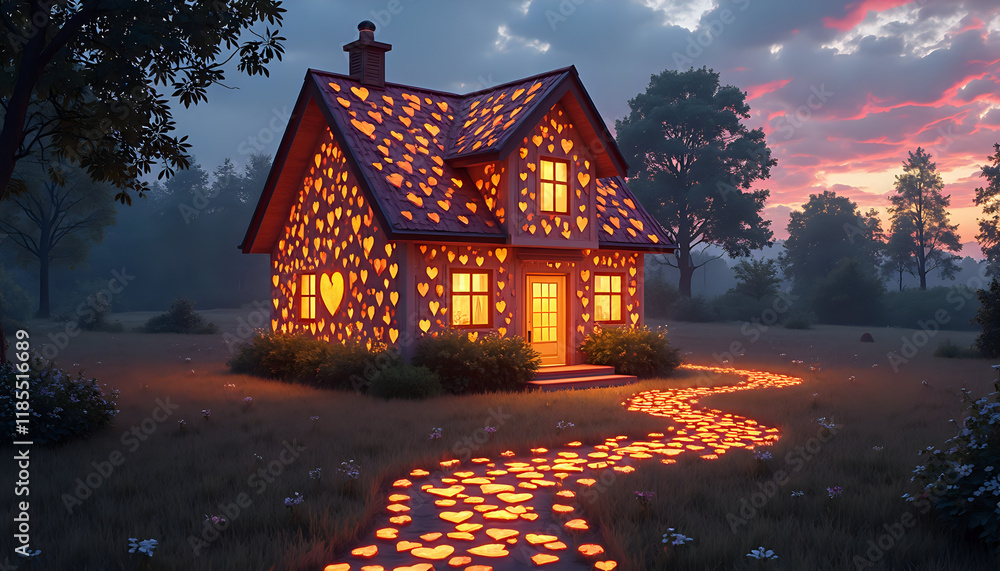 A magical depiction of a house formed entirely from glowing heart-shaped patterns, with its roof and windows radiating warm, golden light. A magical depiction of a house formed entirely from glowing heart-shaped patterns, with its roof and windows radiating warm, golden light.