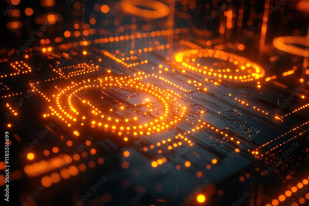A close-up view of a digital circuit board illuminated with glowing orange lights, symbolizing technology and innovation. A close-up view of a digital circuit board illuminated with glowing orange lights, symbolizing technology and innovation.