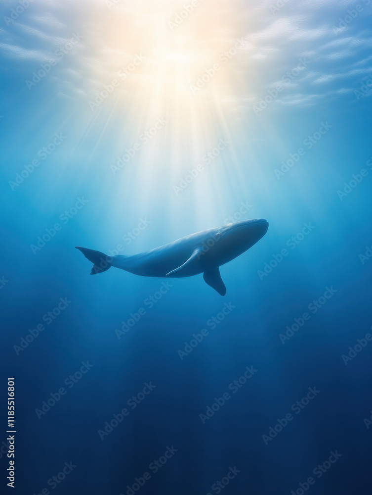 Fototapeta premium majestic whale swims gracefully in deep blue water, illuminated by sunlight