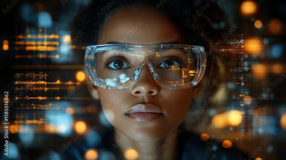 A focused individual wearing clear glasses, surrounded by digital data and glowing elements, symbolizing technology and innovation. A focused individual wearing clear glasses, surrounded by digital data and glowing elements, symbolizing technology and innovation.