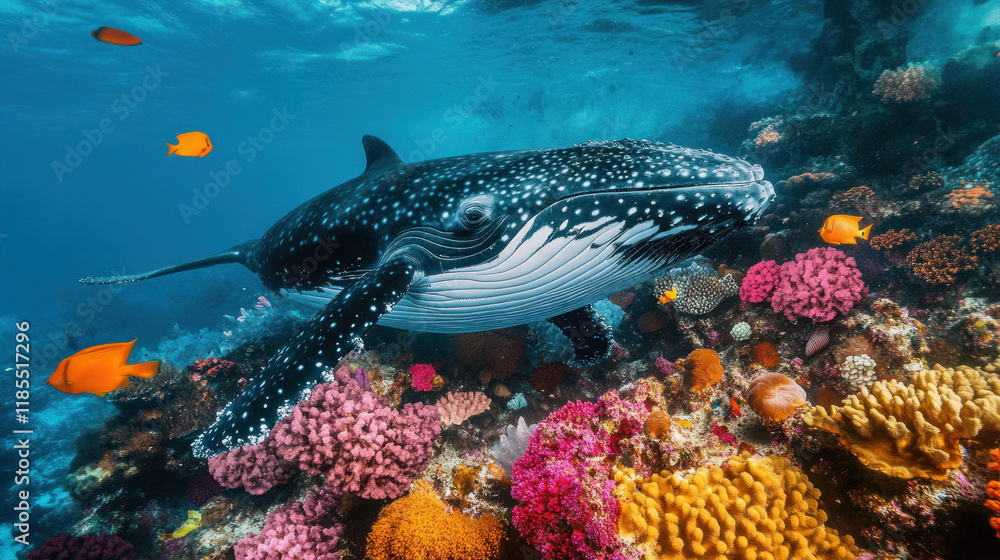 Fototapeta premium majestic whale swims gracefully among vibrant coral reefs and colorful fish. underwater scene showcases beauty of marine life