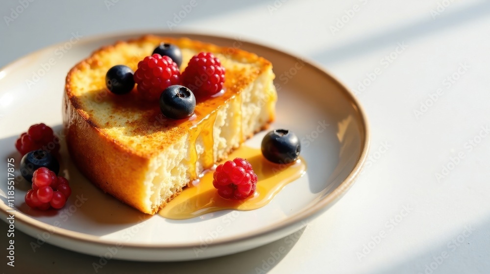 A delightful slice of golden-brown French toast, adorned with plump blueberries and raspberries, drizzled with a luscious honey glaze, served on an elegant plate, bathed in soft sunlight. A delightful slice of golden-brown French toast, adorned with plump blueberries and raspberries, drizzled with a luscious honey glaze, served on an elegant plate, bathed in soft sunlight.