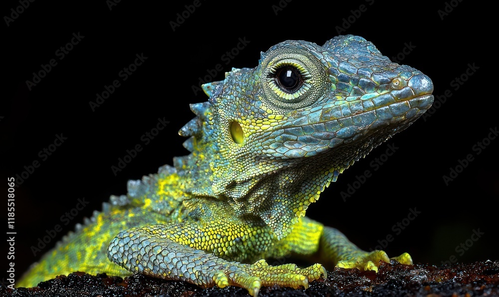 Fototapeta premium Close-up of a vibrant green and blue lizard on a dark background.
