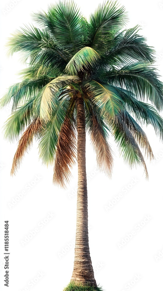 Obraz premium A tall palm tree with lush green fronds and a slender trunk, symbolizing tropical environments and relaxation.