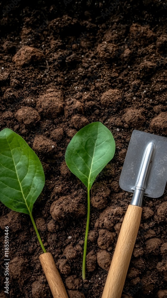 Gardening Tools  Young Plants  Soil  Overhead View  Spring Planting  Agriculture  Growth