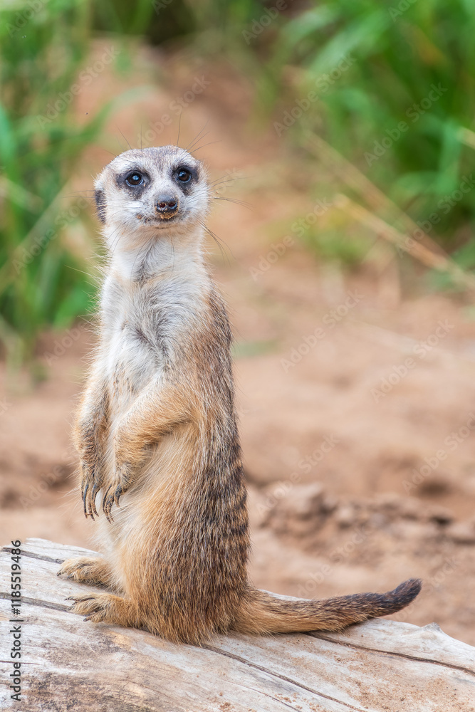 Meerkat, Suricata suricatta, on hind legs. Portrait of meerkat standing on hind legs with alert expression. Portrait of a funny meerkat sitting on its hind legs. Meerkat, Suricata suricatta, on hind legs. Portrait of meerkat standing on hind legs with alert expression. Portrait of a funny meerkat sitting on its hind legs.