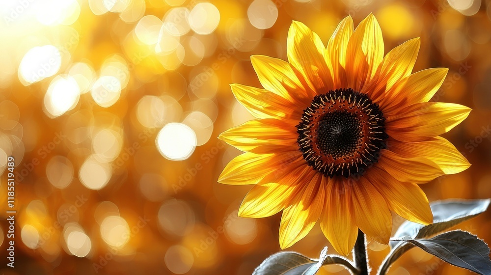 Single bright yellow sunflower in bokeh background. Single bright yellow sunflower in bokeh background.