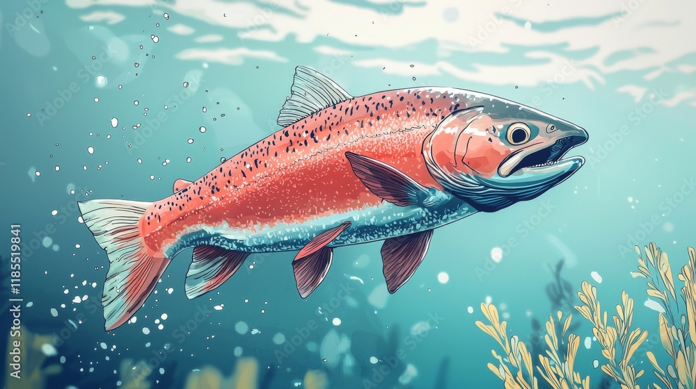 Fototapeta premium A vibrant illustration of a salmon swimming underwater, showcasing its distinctive coloration and aquatic environment.