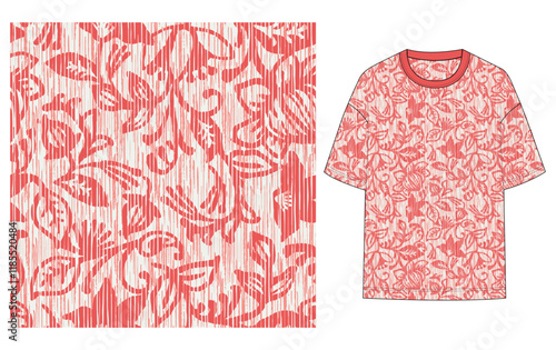 monochrome, grunge, floral, flowers illustration, grungy, pink, coral, seamless pattern, all over print, graphic t-shirt, women, men, t shirt, shirt, apparel, clothing, fashion vector artwork