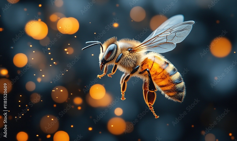 Naklejka premium A close-up of a bee in flight, surrounded by a soft, glowing background of light particles.
