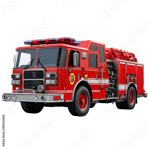Red fire truck with ladder isolated on a transparent background.