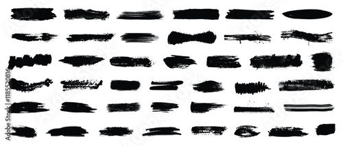 Collection of vector paint brush stroke, ink splatter, grunge line and artistic design elements. Dirty overlay, watercolor splash, black silhouette and torn paper set. Social media business banner art