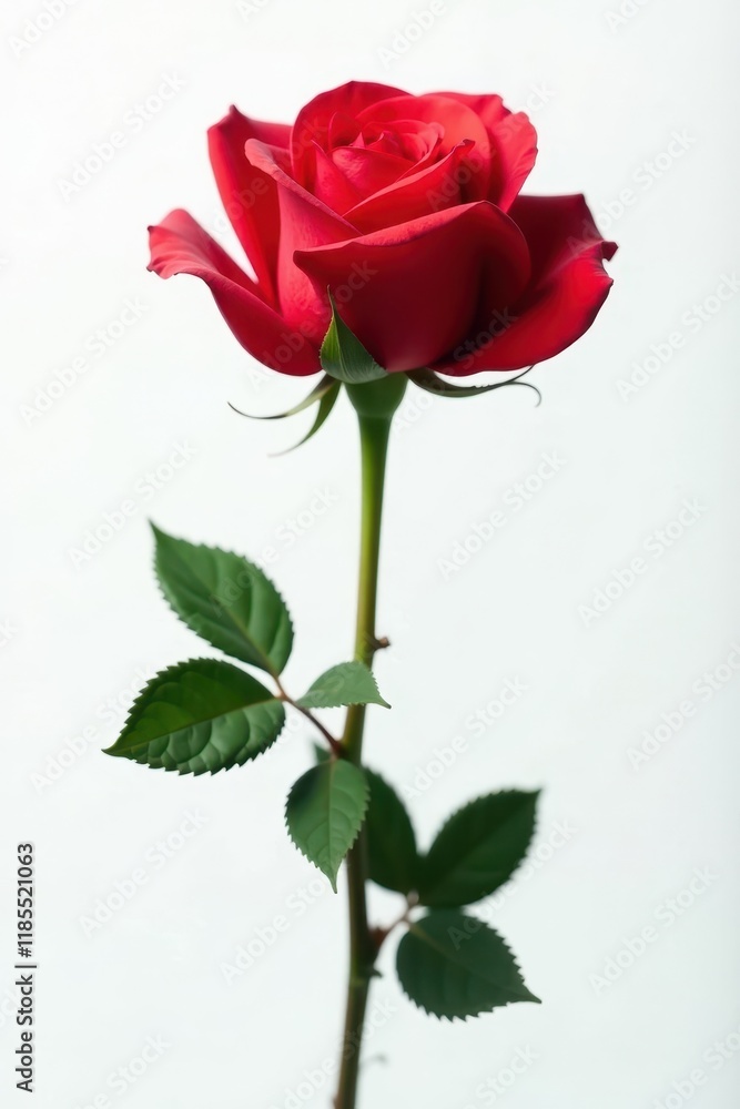 Fototapeta premium A single red rose in full bloom against a stark white backdrop, beauty, still life