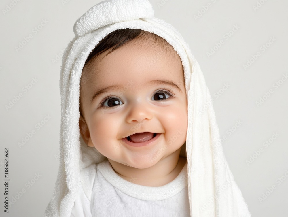 A joyful baby with a towel draped over their head, showcasing a bright smile and sparkling eyes against a neutral background. A joyful baby with a towel draped over their head, showcasing a bright smile and sparkling eyes against a neutral background.