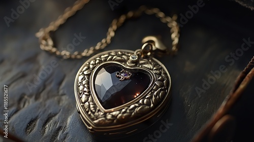 Heart Locket Necklace: Vintage Gold Pendant with Purple Gem photo