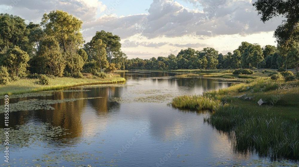 Serene Summer Landscape Picturesque River Lush Green Trees Calm Water Sunny Sky Serene Summer Landscape Picturesque River Lush Green Trees Calm Water Sunny Sky