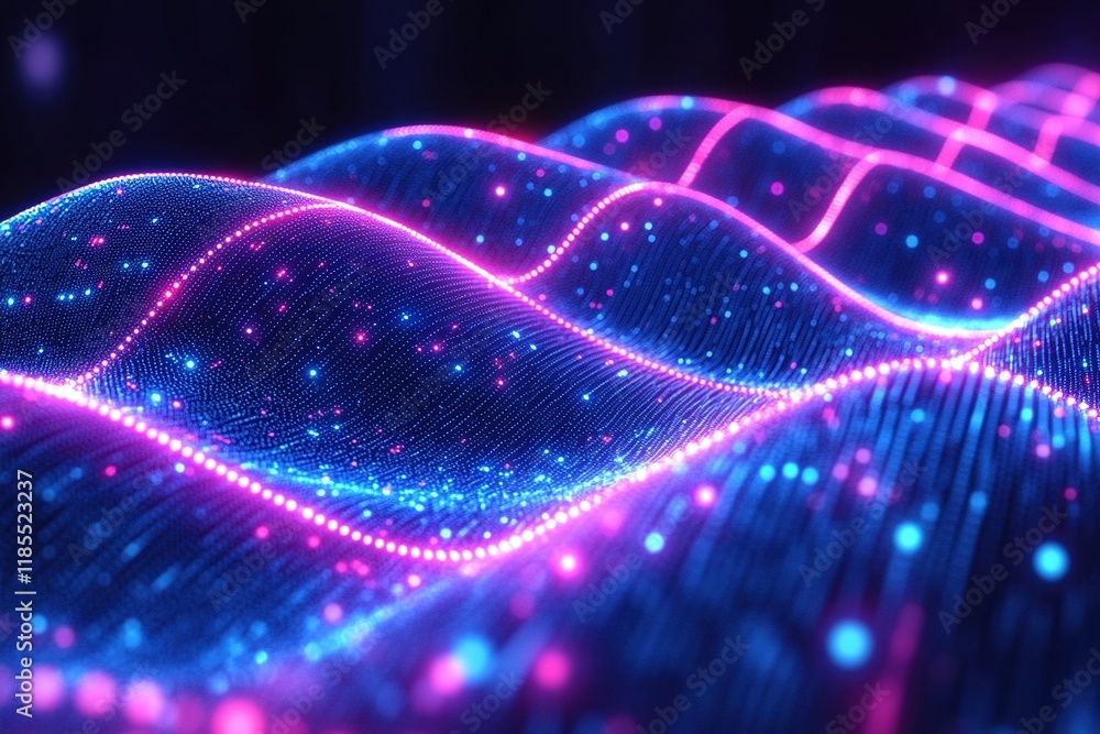 A vibrant, digital wave pattern with glowing dots, representing data or sound visualization in a futuristic style. A vibrant, digital wave pattern with glowing dots, representing data or sound visualization in a futuristic style.