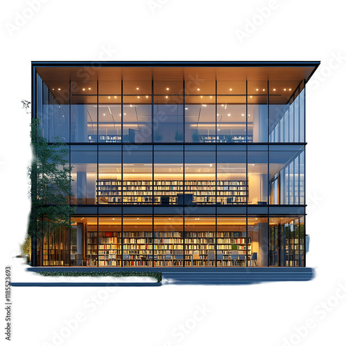 Modern building with glass facade and illuminated interior, featuring shelves full of books, isolated on transparent background.