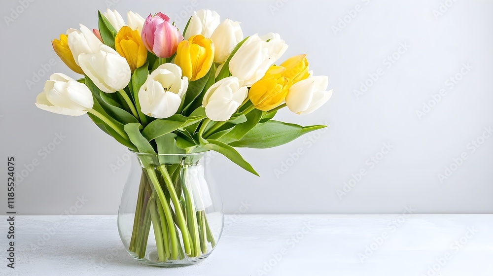 Fresh Tulips in a Glass Vase on a Light Grey Background, Generative AI. Fresh Tulips in a Glass Vase on a Light Grey Background, Generative AI.
