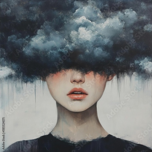 Pensieve Portrait: A Dreamy, Surreal Painting of a Woman's Face Obscured by Dark Clouds photo