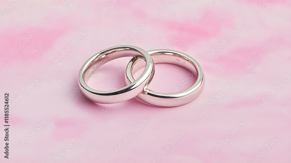 Elegant Silver Wedding Rings on Soft Pink Background, Generative AI. Elegant Silver Wedding Rings on Soft Pink Background, Generative AI.
