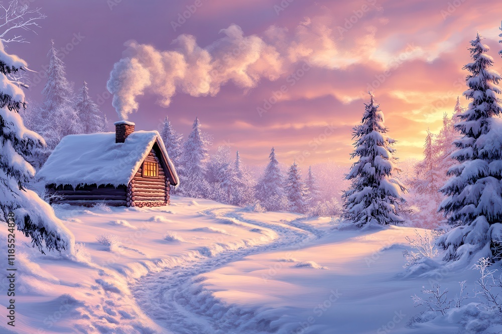 Cozy Cabin in a Snow-Covered Landscape With Smoke Curling From the Chimney at Sunset. Generative AI Cozy Cabin in a Snow-Covered Landscape With Smoke Curling From the Chimney at Sunset. Generative AI