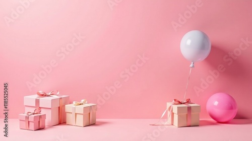Pastel Pink Presents and Balloons on a Pink Background