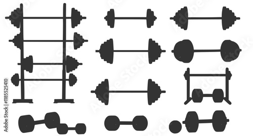 Set of illustrations of weightlifting barbells and dumbells . Design element for logo, label, sign, emblem, banner. Vector illustration
