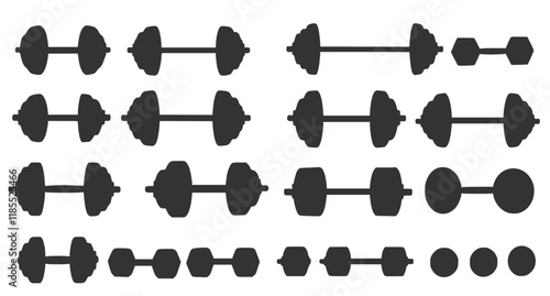Set of illustrations of weightlifting barbells and dumbells . Design element for logo, label, sign, emblem, banner. Vector illustration
