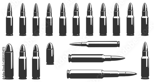 Set of Illustrations of bullets and cartridges in vintage monochrome style. Design element for logo, label, sign, emblem, poster. Vector illustration
