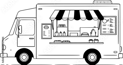 Illustration of an food truck. Design element for emblem, sign, badge. Vector illustration
