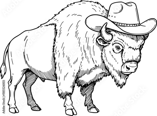 Illustration of bison in cowboy hat. Design element for t shirt, emblem, badge. Vector illustration
