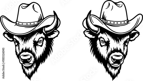 Illustration of bison in cowboy hat. Design element for t shirt, emblem, badge. Vector illustration
