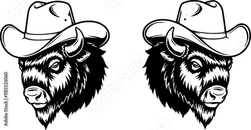 Illustration of bison in cowboy hat. Design element for t shirt, emblem, badge. Vector illustration
