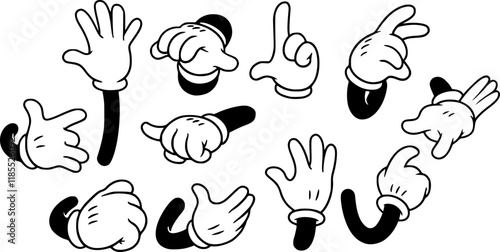 Set of cartoon hands in gloves. Retro style mascot hands. Rubber hose style hands. Vector illustration
