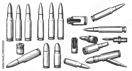 Set of Illustrations of bullets and cartridges in vintage monochrome style. Design element for logo, label, sign, emblem, poster. Vector illustration
