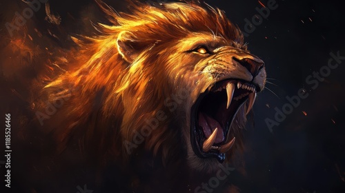 Fiery roaring lion head, intense expression, dark background.