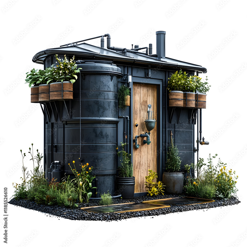 Obraz premium Small rustic home with wooden door and metal siding, surrounded by plants and flowers on a transparent background