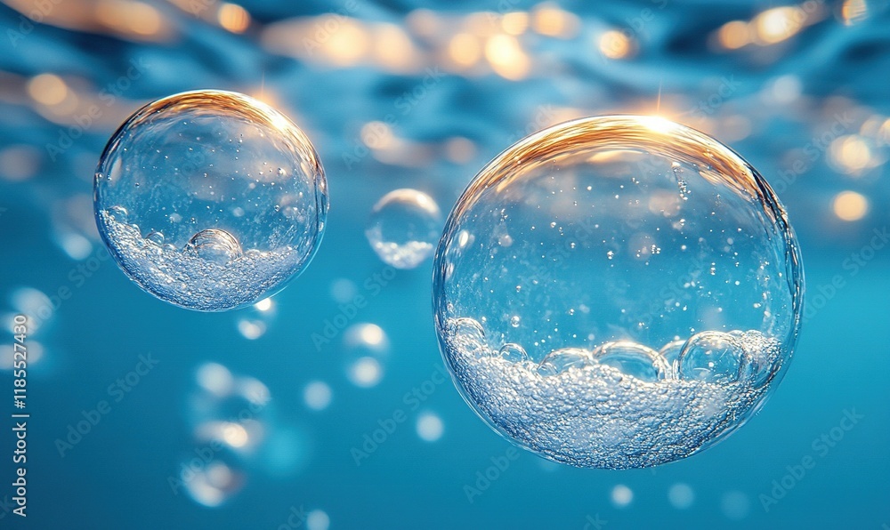 Close-up of bubbles floating in water, illuminated by light, creating a serene underwater scene. Close-up of bubbles floating in water, illuminated by light, creating a serene underwater scene.