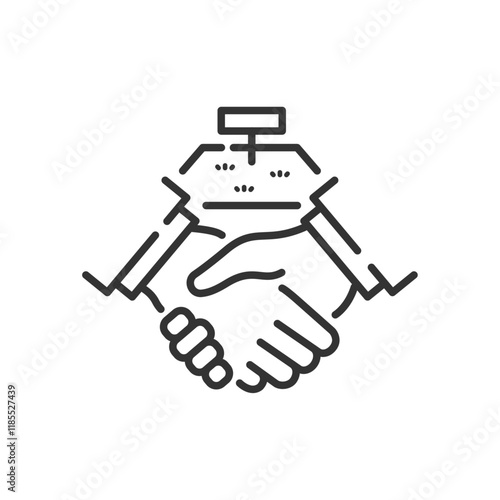 土地と握手の不動産向け契約アイコン(ベクター・線画・白黒)