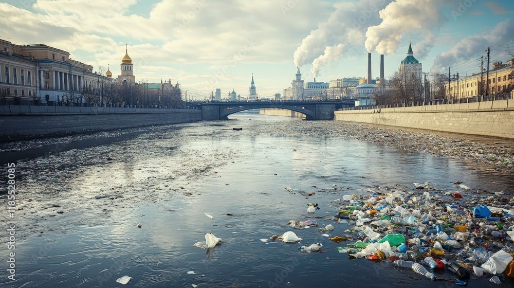 Fototapeta premium Polluted City River: A somber view of a river in a city, polluted with plastic and other trash, with industrial smokestacks in the background, reflecting the environmental challenges of urban areas.