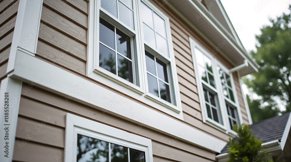 Close-up view of a house exterior showcasing light brown clapboard siding, white window trim, and multiple multi-paned double-hung windows. A portion of a neighboring roof is visible in the backgroun Close-up view of a house exterior showcasing light brown clapboard siding, white window trim, and multiple multi-paned double-hung windows. A portion of a neighboring roof is visible in the backgroun