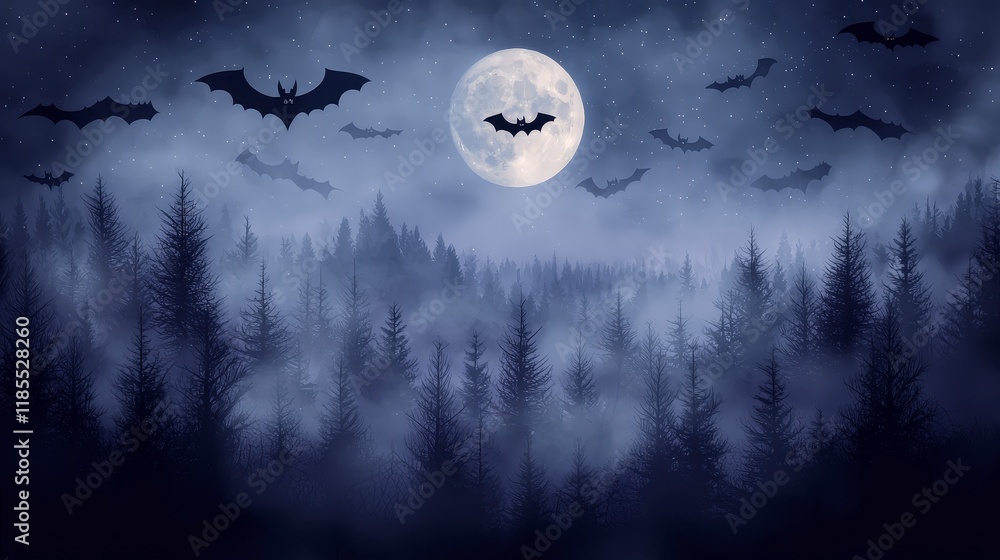 Spooky Halloween Night Bats Full Moon Misty Forest Spooky Halloween Night Bats Full Moon Misty Forest