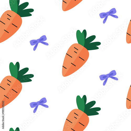 Carrots and purple bows arranged in a seamless pattern on a white background, ideal for playful concepts