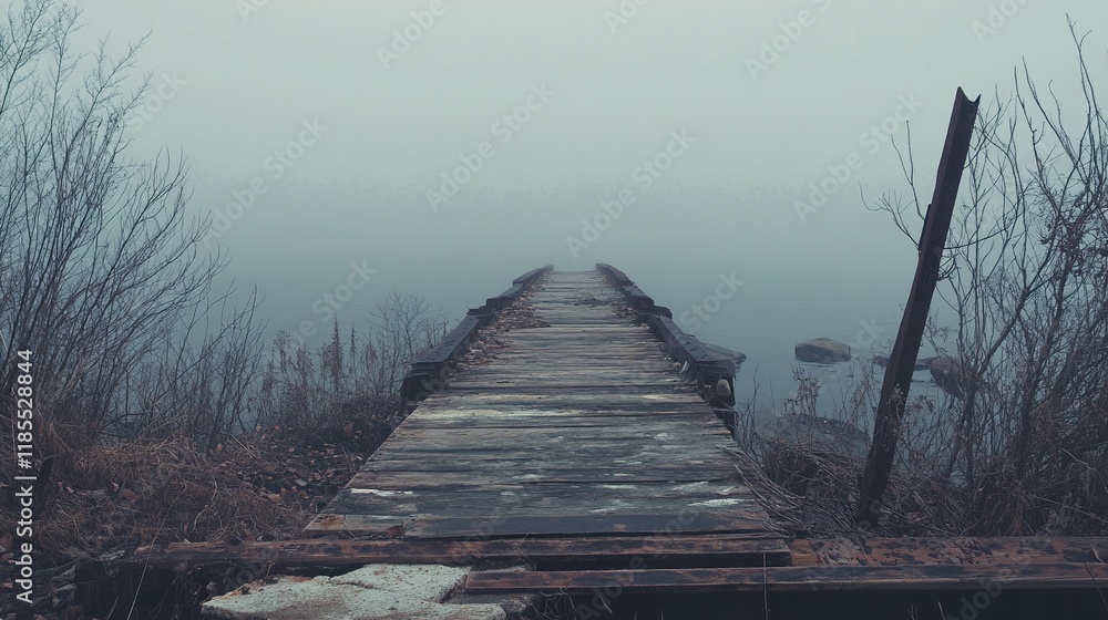 Naklejka premium Misty Lake Bridge: A Serene and Moody Landscape