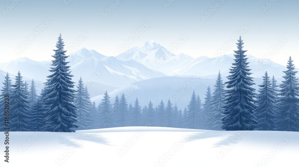 Fototapeta premium Serene Winter Landscape Snow-Covered Forest and Majestic Mountains