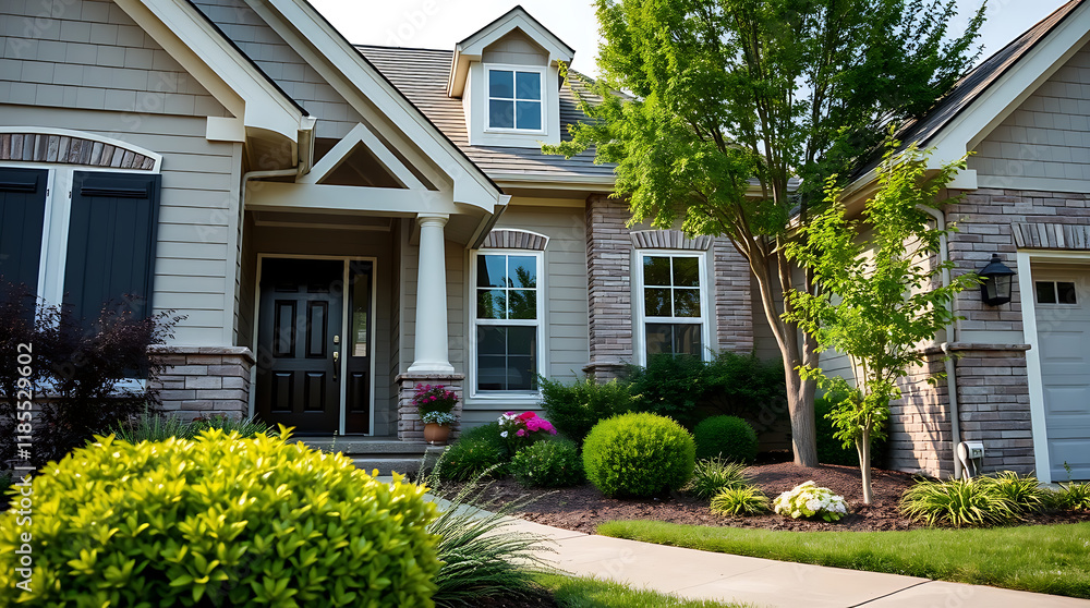 Two-story house with gray siding and brick accents. Landscaped front yard with shrubs and trees. White columns and dark entry door are visible. Walkway leads from the house to the street. Two-story house with gray siding and brick accents. Landscaped front yard with shrubs and trees. White columns and dark entry door are visible. Walkway leads from the house to the street.