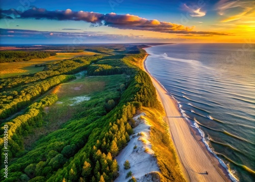 Fototapeta Naklejka Na Ścianę i Meble -  Aerial view: Curonian Spit's sunset paints the Baltic Sea lagoon in fiery hues.
