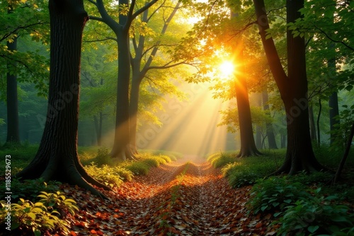 Wald Panorama mit durch Bl?tter leuchtenden Sonnenstrahlen, scenery, forest floor photo